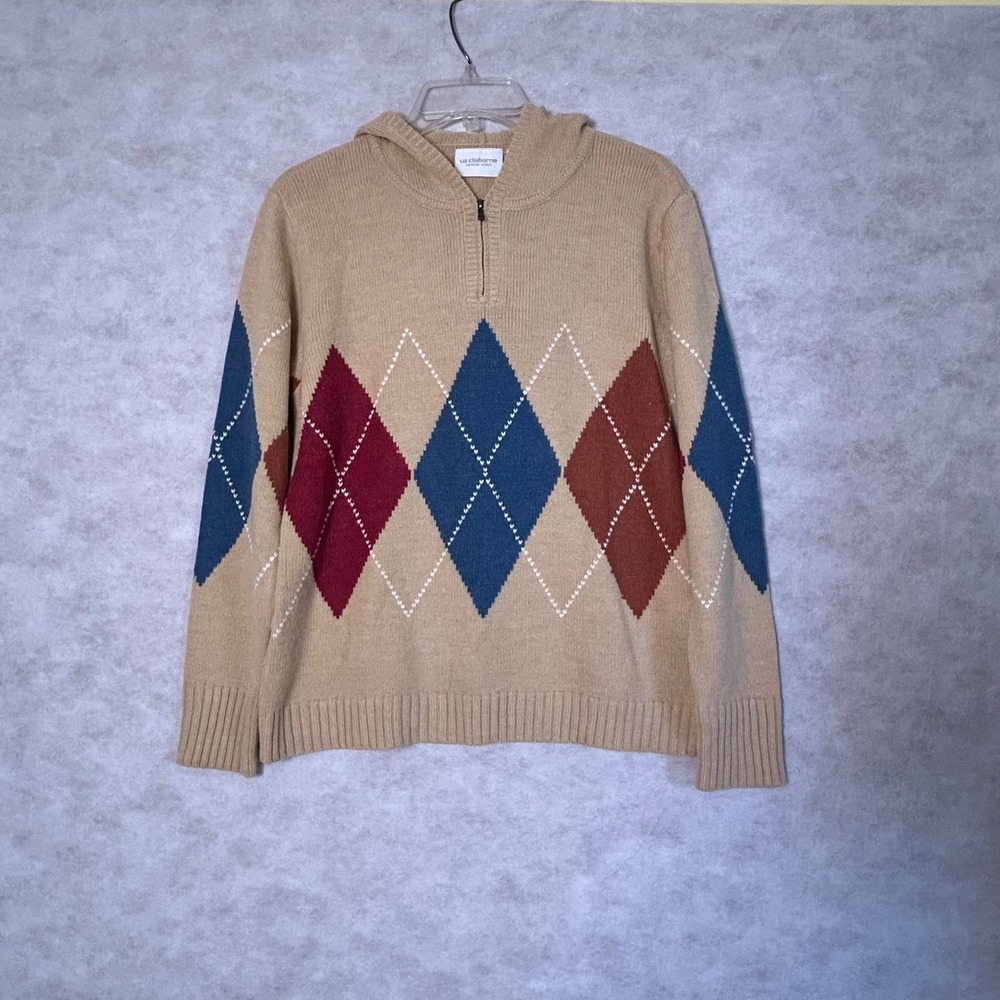 Liz Claiborne Womens Medium Tan Argyle Knit 1/4 Zip Hoodie Sweater - Picture 2 of 9